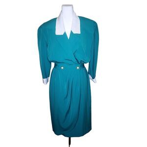 Vintage 80s Long Sleeve Wrap Jacket Dress Womens Size M Teal Blue shoulder Pads